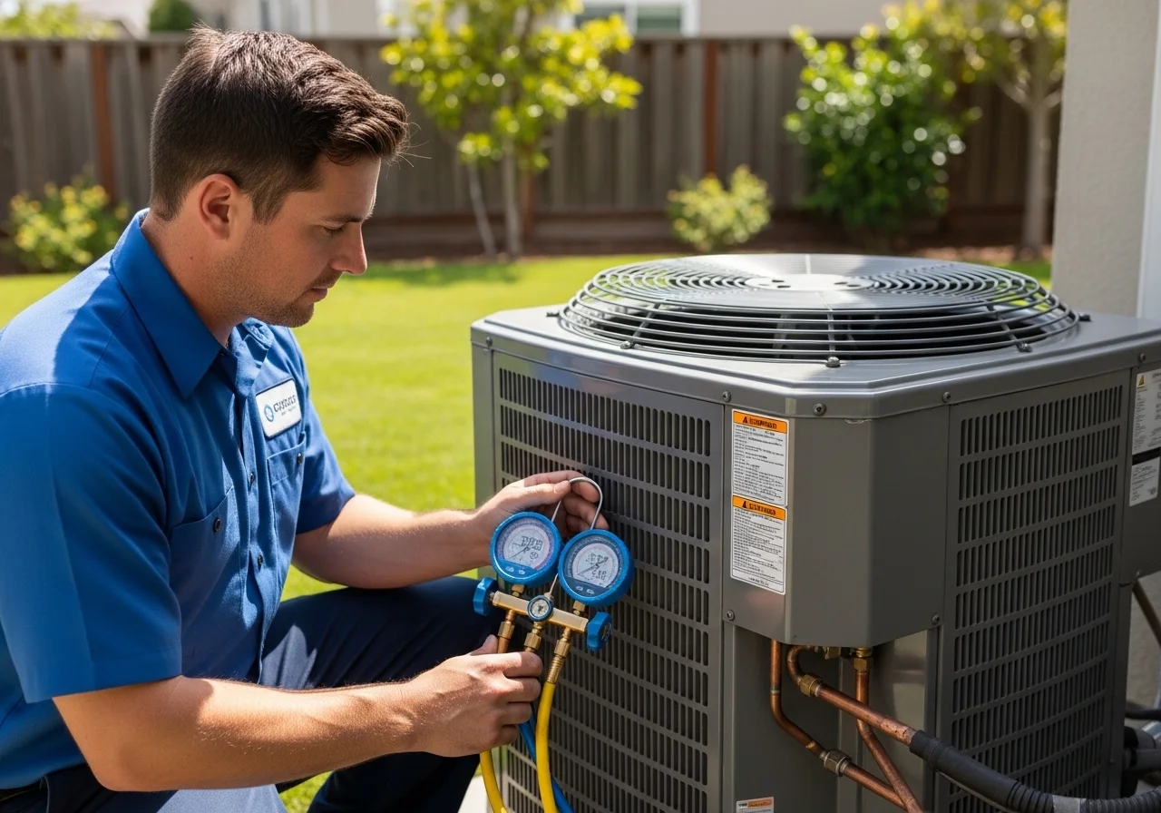 NATE-certified technician performing AC repair on a residential unit in San Jose