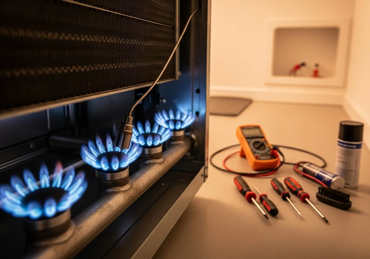 Technician inspecting furnace components during a repair call in San Jose